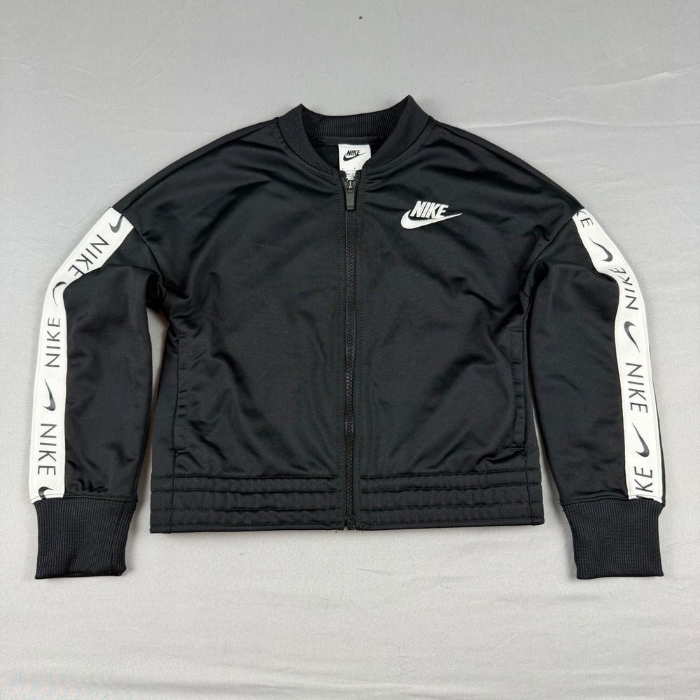 Nike Kids Track‎ Jacket Black White Logo Full Zip Ribbed Collar Sleeve Size S